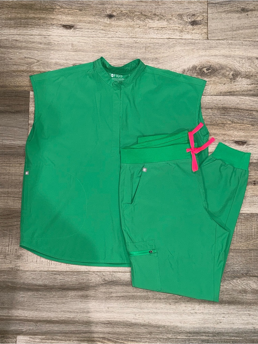 Figs Women's Bright Green Scrub Top and Jogger Pants with Pink Drawstring